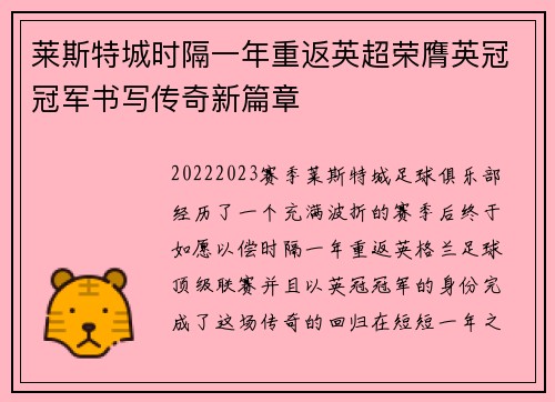 莱斯特城时隔一年重返英超荣膺英冠冠军书写传奇新篇章